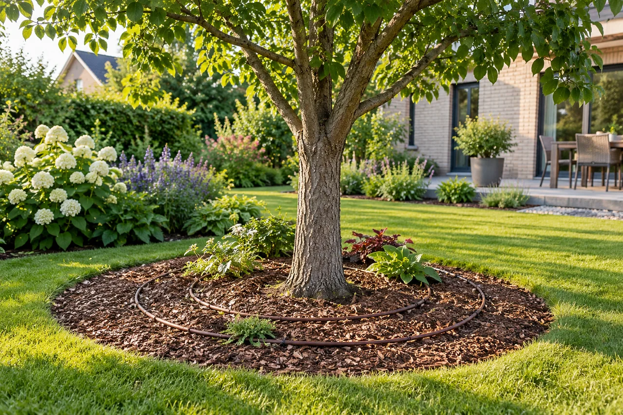 Tropfrohr versorgt die Wurzelzone eines Gartenbaums