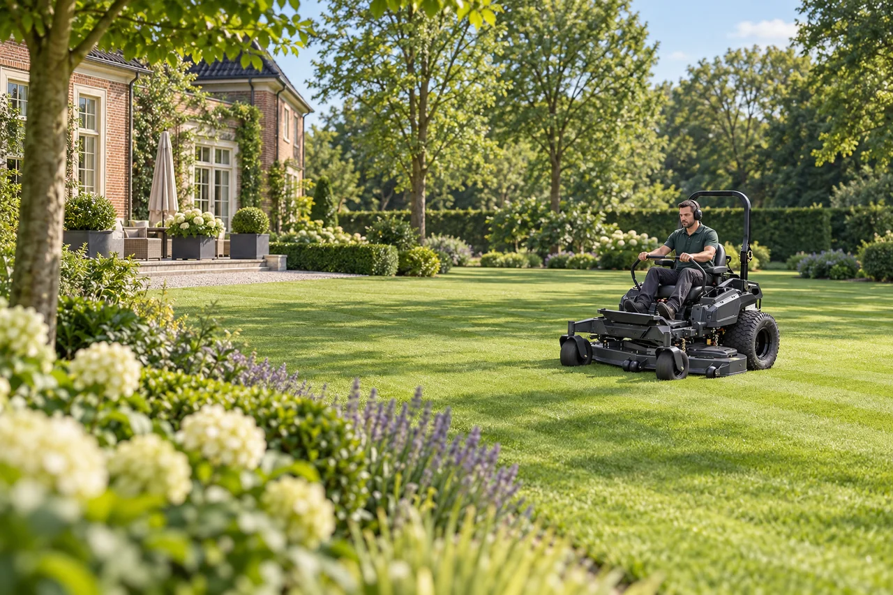 Professioneller Aufsitzmäher beim Schnitt einer großzügigen Gartenfläche
