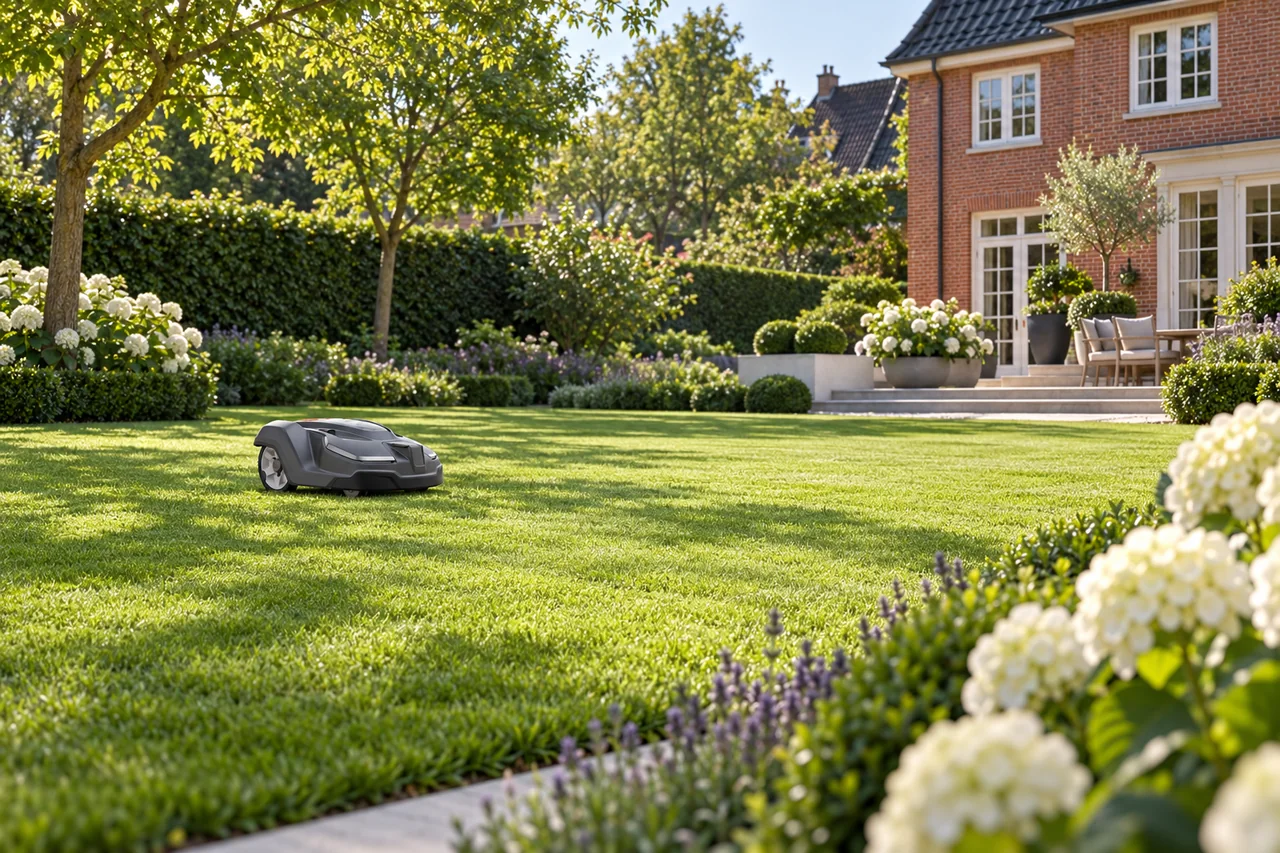 Kompakter professioneller Mähroboter auf einer freien Gartenrasenfläche