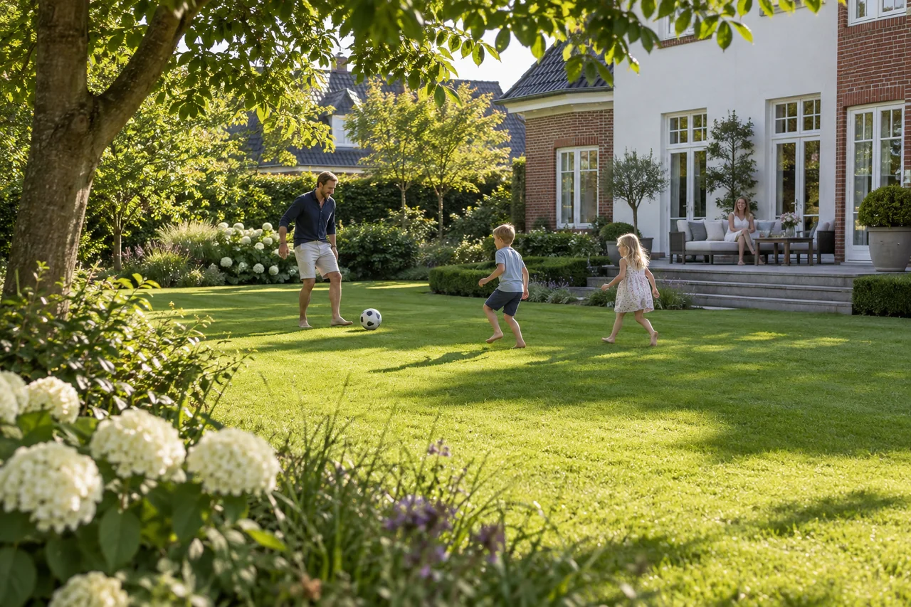 Familie spielt auf einem gepflegten Gartenrasen