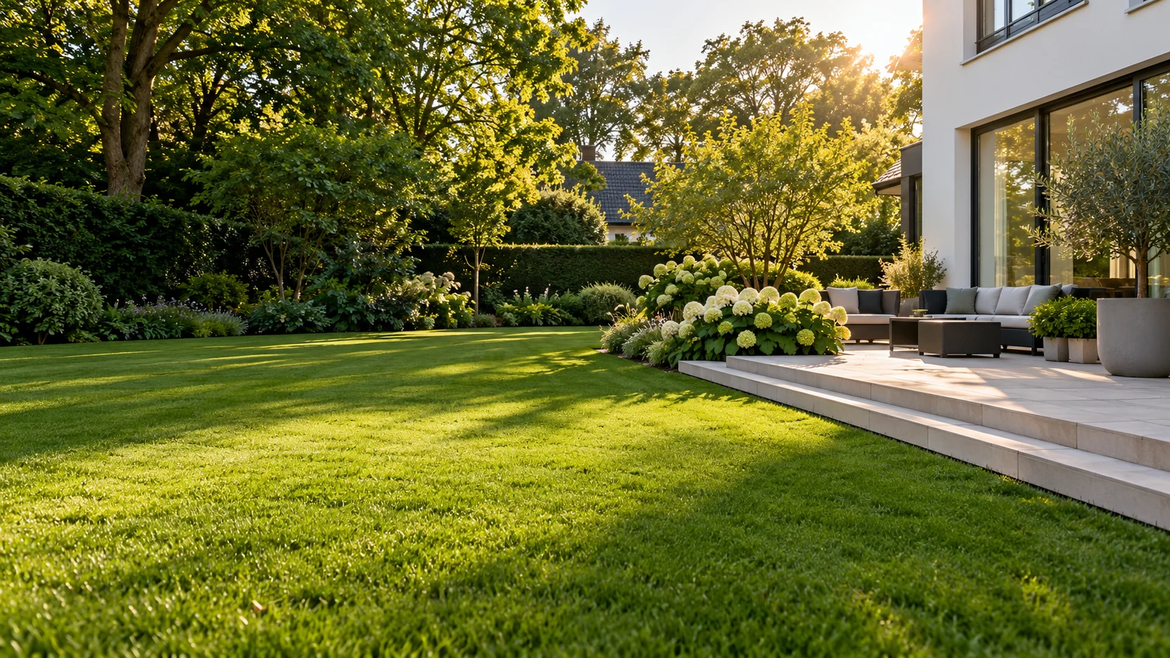 Hochwertiger Garten mit Rasen und Terrasse