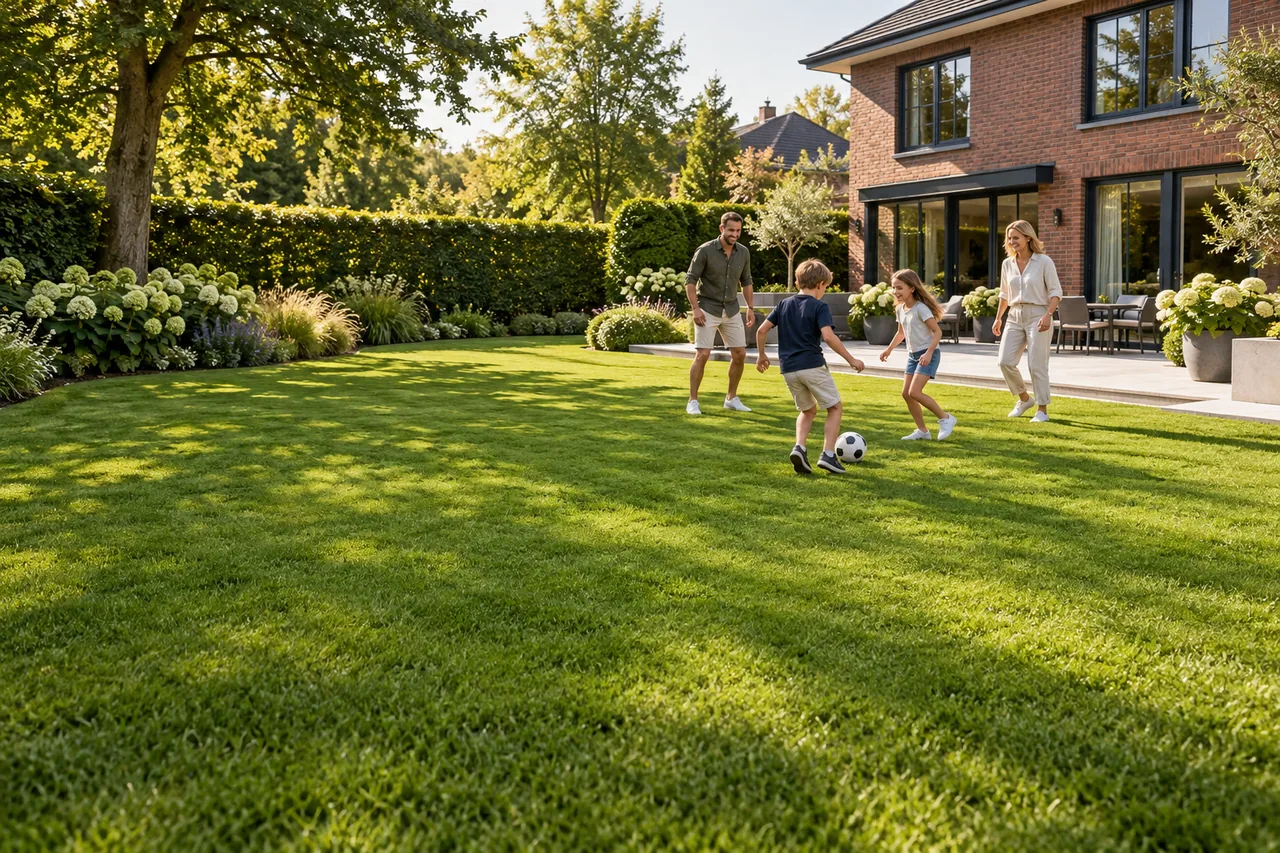 Familie beim Fußballspielen auf einem gepflegten Gartenrasen