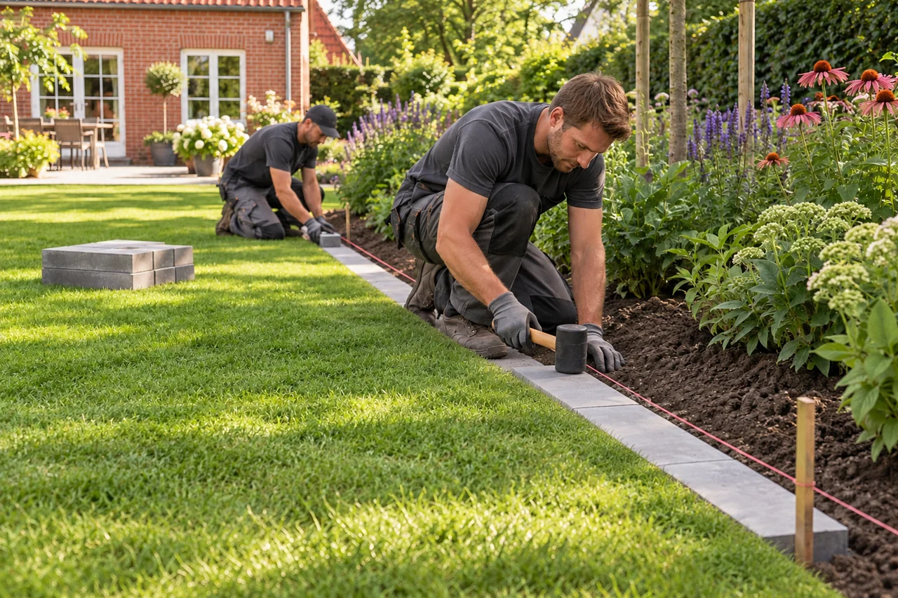 Fachkräfte verlegen bündige Mähkanten neben dem Gartenrasen