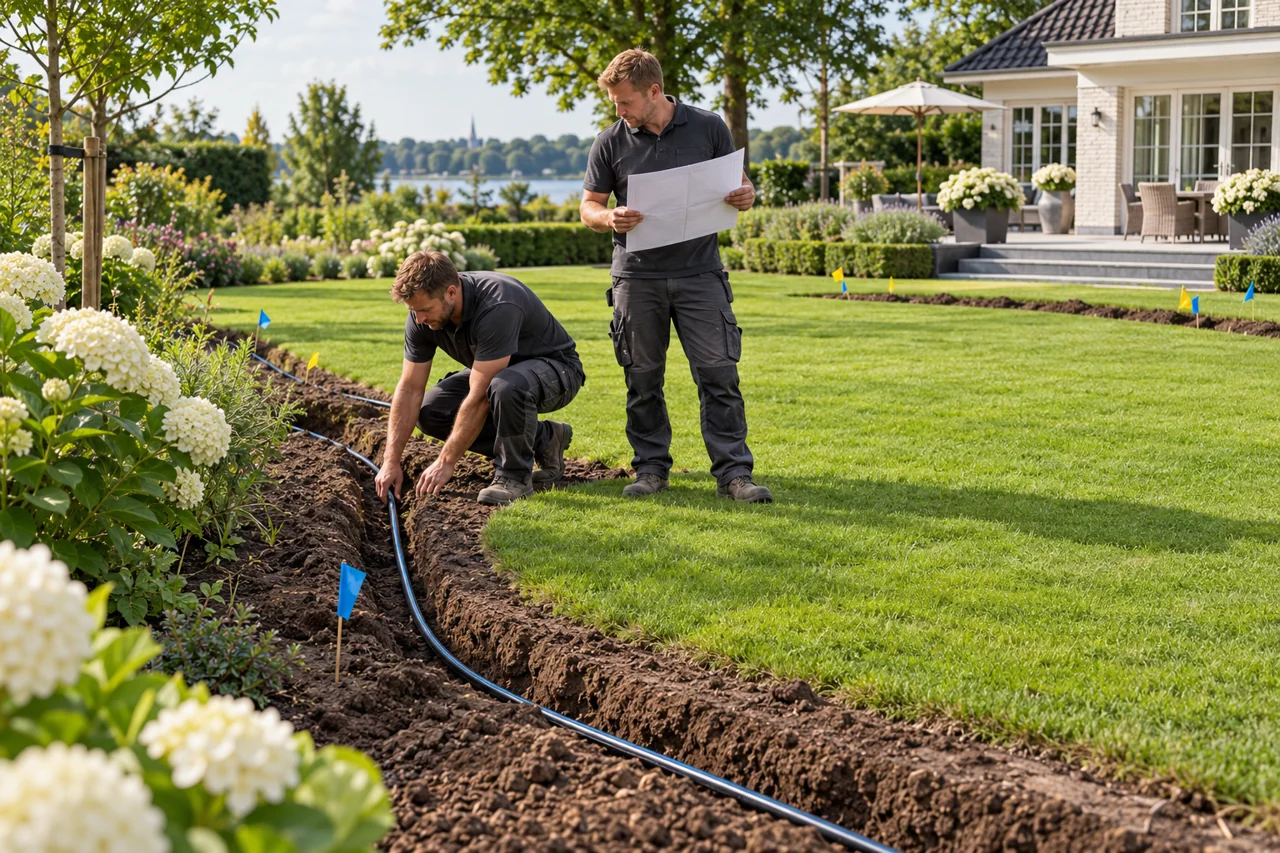 Fachkräfte verlegen PE-Rohr in einem schmalen Graben und gleichen den Gartenplan ab