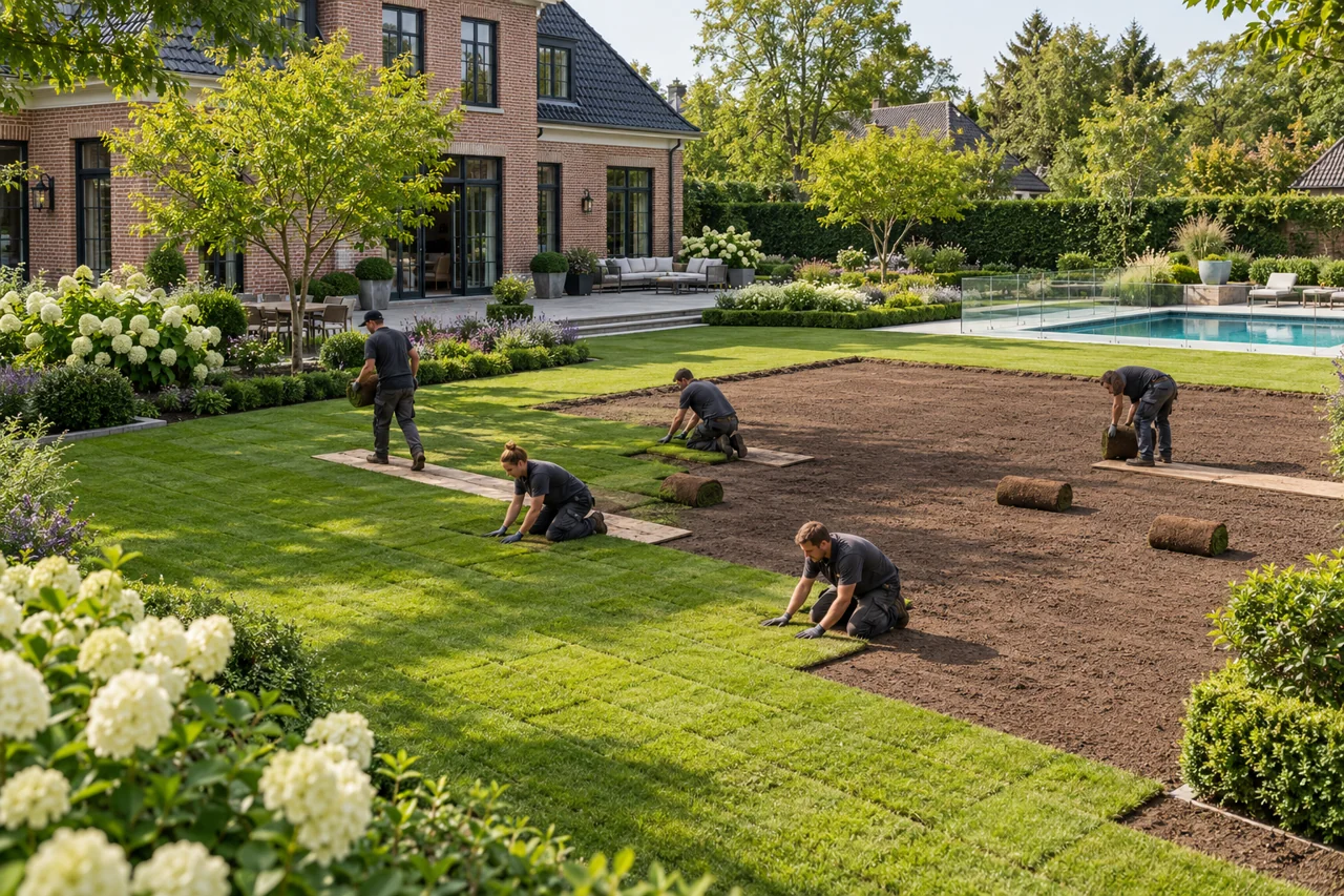 Team verlegt Rollrasen im Villengarten neben einer gesicherten Poolterrasse