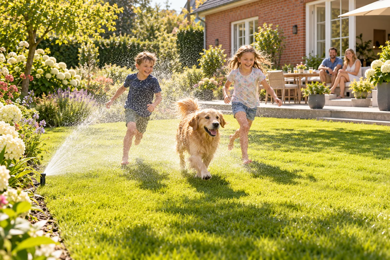 Kinder und Golden Retriever spielen im sommerlich bewässerten Familiengarten
