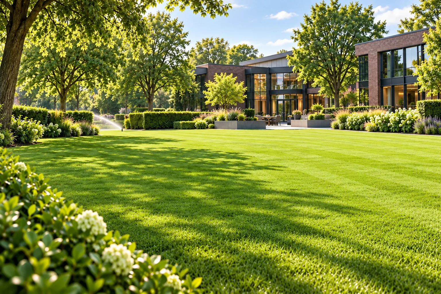 Moderne Firmenanlage mit gepflegtem Naturrasen, Bäumen und Stauden