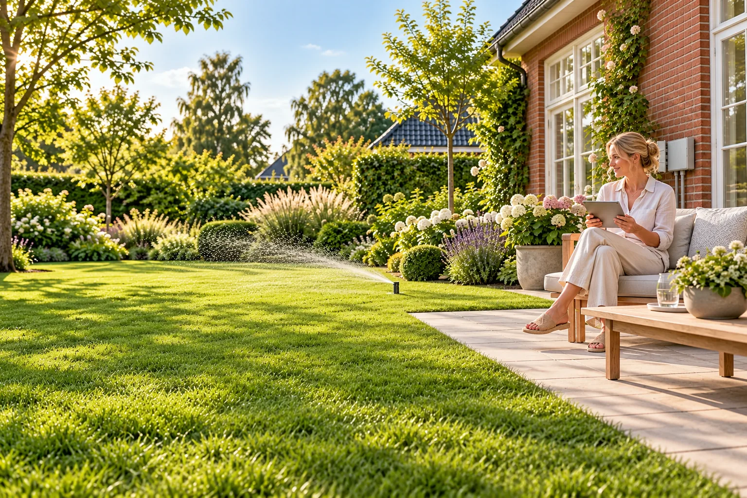 Frau mit Tablet auf einer Gartenterrasse neben automatisch bewässertem Rasen